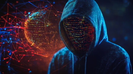 Hacker are planning to hack and attack networks and cyber security systems and stands on the peak of success amid tall, innovative Smart city and graphs with statistics to analyze business potential