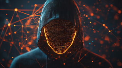 Hacker are planning to hack and attack networks and cyber security systems and stands on the peak of success amid tall, innovative Smart city and graphs with statistics to analyze business potential