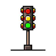 Pixel art representation of classic traffic lights in cartoonish style