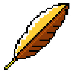 Colorful pixel art feather in brown and yellow shades