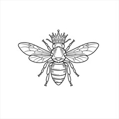 Queen Bee Logo, Bee Emblem With Wings and Crown, Vector Line Art