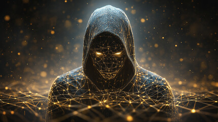 Hacker are planning to hack and attack networks and cyber security systems and stands on the peak of success amid tall, innovative Smart city and graphs with statistics to analyze business potential