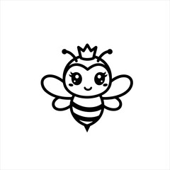 Cute Queen Bee Logo, Mascot Design, Black and White Vector Illustration