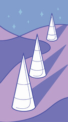 Abstract minimalist landscape with conical shapes and shimmering stars in a pastel color palette
