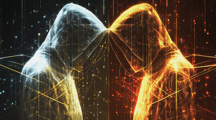 Hacker are planning to hack and attack networks and cyber security systems and stands on the peak of success amid tall, innovative Smart city and graphs with statistics to analyze business potential