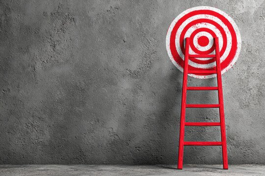 A red ladder leans against a large red and white target painted on a textured grey wall.  The scene evokes ambition and achieving goals