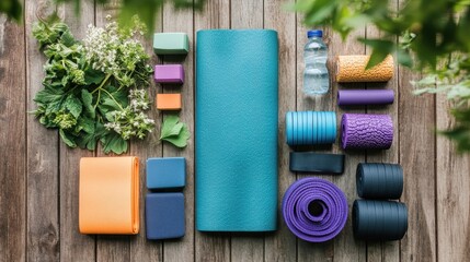 Colorful yoga accessories arranged on a wooden surface.
