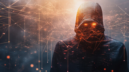 Obraz premium Hacker are planning to hack and attack networks and cyber security systems and stands on the peak of success amid tall, innovative Smart city and graphs with statistics to analyze business potential