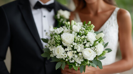 Timeless portrait of bride and groom standing close with floral bouquet, captured in soft light and romantic ambiance, ideal for wedding magazines and romantic event promotions, wedding couple, bridal