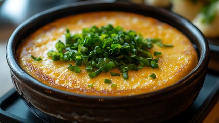 Steamed Egg Custard Topped with Fresh Green Scallions in Bowl