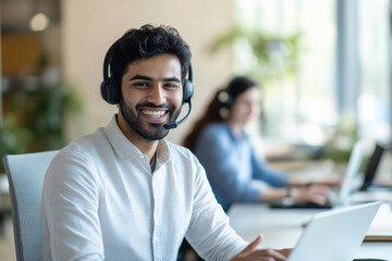 young handsome man working at call center service