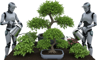 Two robots watering bonsai trees and potted plants in a garden technology