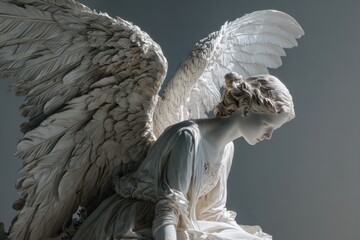 Detailed Sculpture Of A Pensive Angel With Large Wings