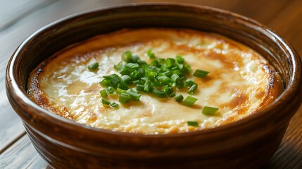 Serving of Baked Cheesecake with Green Onion Topping in Brown Ceramic Bowl