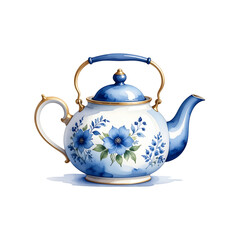 Brown porcelain teapot and cup isolated on white, perfect for a traditional tea breakfast