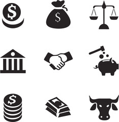 Collection of black and white financial icons representing concepts such as currency savings investments banking and economic decisions