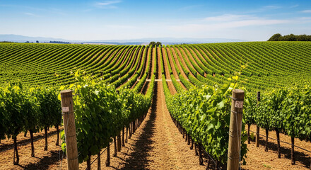 Fototapeta premium Rolling vineyard hills under a clear sky, rows of grapevines stretching to the horizon