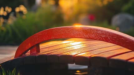 Walking Over Small Wooden Bridge at Sunset in a Green Garden