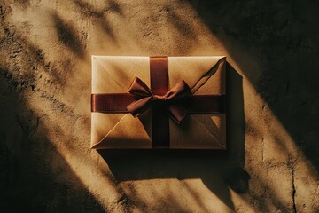 Gift-wrapped package on a textured surface.