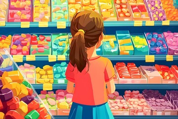 Girl picks out colorful sweets in a store filled with various candy options