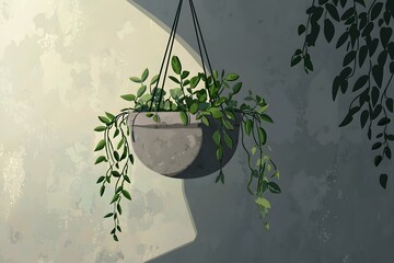 Cement planter with lush green plants hanging in a cozy room filled with natural light