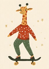 Giraffe wearing a red polka-dot sweater skateboards with style in a playful setting