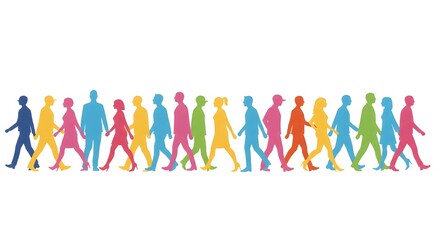 A vibrant illustration showcasing a diverse group of people walking in unison symbolizing community, togetherness, and inclusivity.  Ideal for projects related to social unity or diversity.