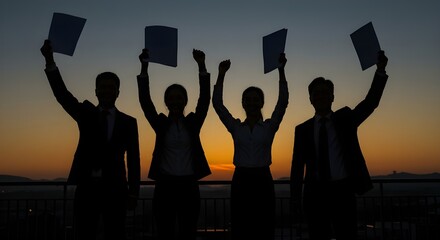 Silhouetted businesspeople celebrate success at sunset raising documents high A powerful image of teamwork achievement and collaboration