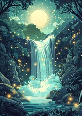 Moonlit waterfall in a mystical forest with glowing orbs and serene waters