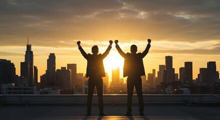 Silhouetted business partners raise arms victoriously against a breathtaking sunrise cityscape background symbolizing achievement and collaboration.