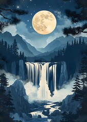 Majestic Japanese mountain waterfall illuminated by moonlight at night