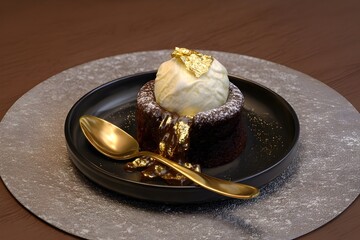 Chocolate lava cake with oozing gold leaf center and ice cream served on a black plate