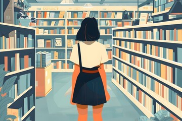 Girl in a bookstore explores bookshelves while choosing her next read