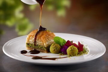 Indulging in ultra-realistic baklava with rich chocolate sauce and vibrant garnishes