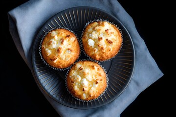 Close view of freshly baked muffins showcasing tempting textures and flavors from above