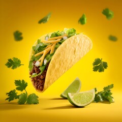 Vibrant taco filled with beef, lettuce, cheese, and lime slices against a bright background