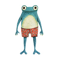 A cheerful anthropomorphized frog enjoying a sunny day at the beach in playful swim shorts