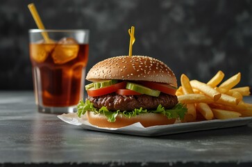 Juicy beef burger with fries and soda