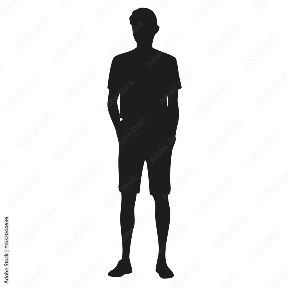 Poster silhouette of a man standing with hands in pockets wearing shorts and a t shirt in a simple vector a