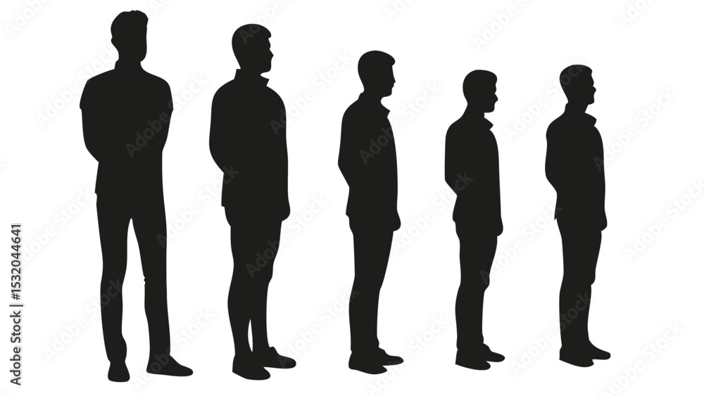 Poster silhouettes of five men standing in a row with varying heights and similar clothing styles shown cre