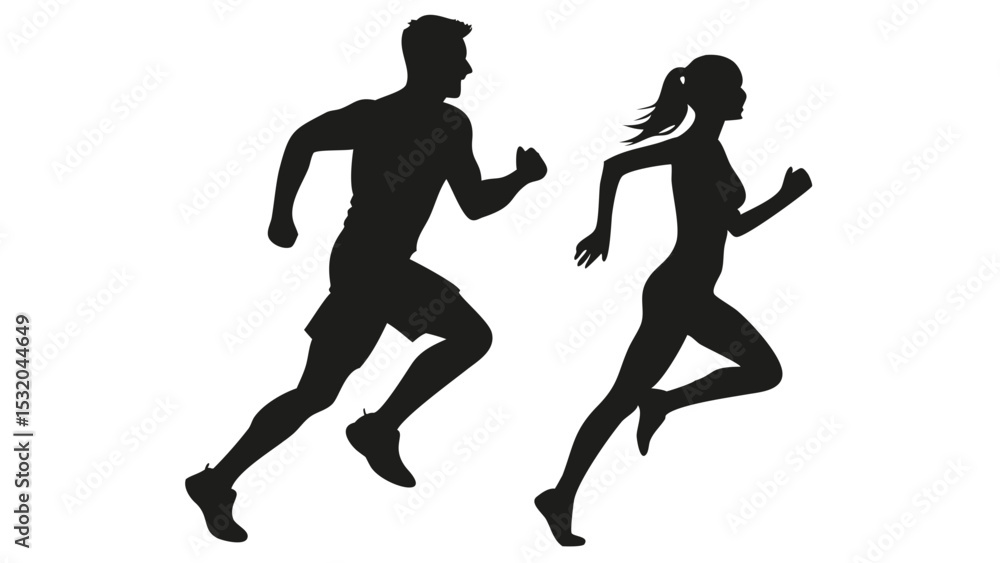 Poster silhouette of a man and woman running side by side in a race on a white background image created wit