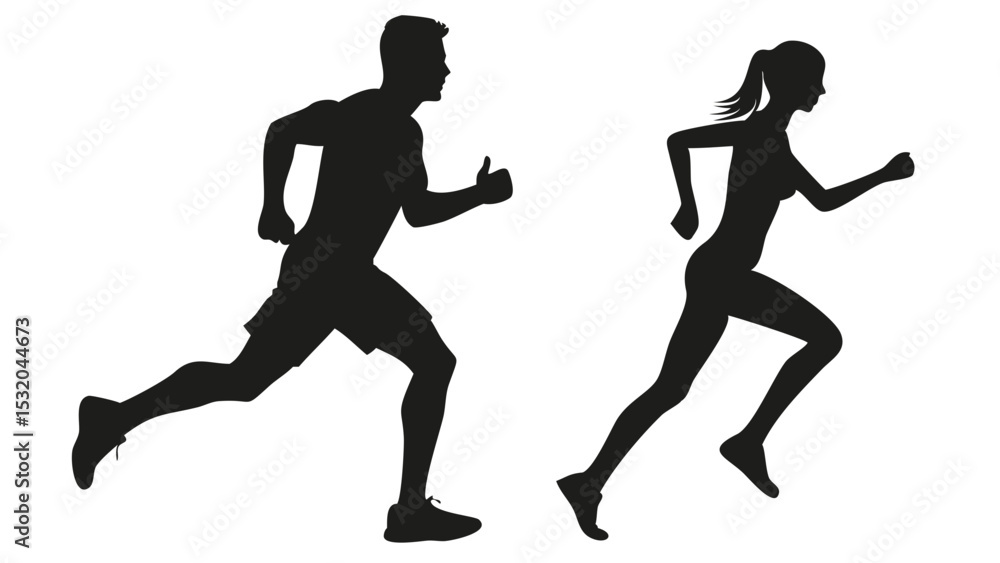 Poster silhouette of a man and woman running in a race against a white background in a simple vector image 