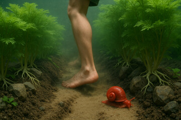 red snail on the river bottom