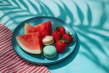 Refreshing watermelon, strawberries, and macarons on a sunny picnic setting