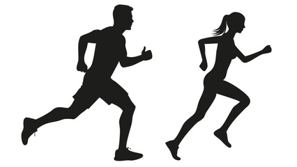 Silhouette of a man and woman running in a race against a white background in a simple vector image created with generated ai