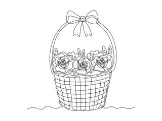 Abstract rose flowers in a wicker basket with a bow, continuous single one line art drawing sketch, logo