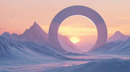 Abstract landscape background. Circular gate. Sunrise in mountains