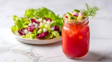 Vibrant Caesar brunch cocktail served in a glass jar beside fresh salad on a marble countertop