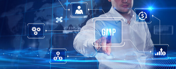 Good manufacturing practice certification quality control on virtual screen. GMP.