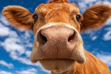 Brown cow closeup with blue sky and clouds, Cow face and nose in extreme macro view, Animal portrait for farming, dairy, or nature concept